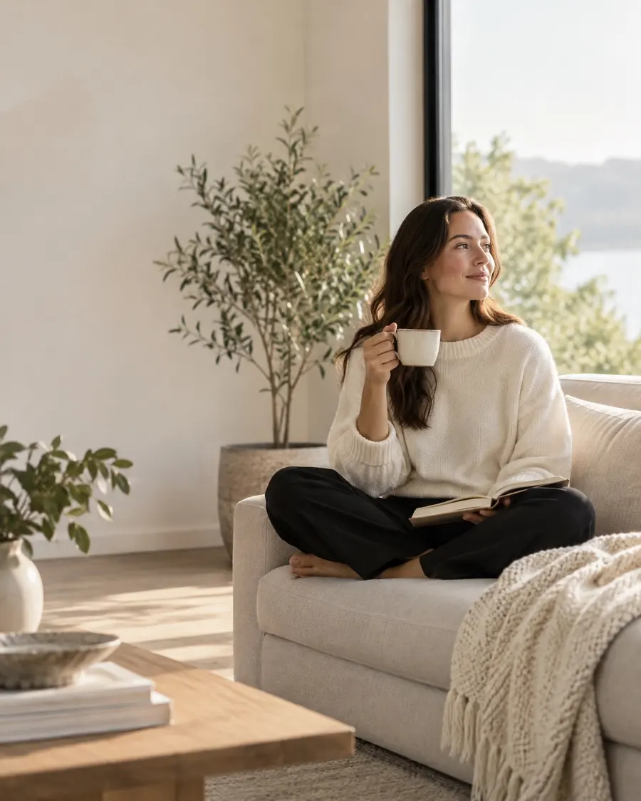 A woman on a sofa by a window in the morning, holding tea and a notebook, pausing to think.