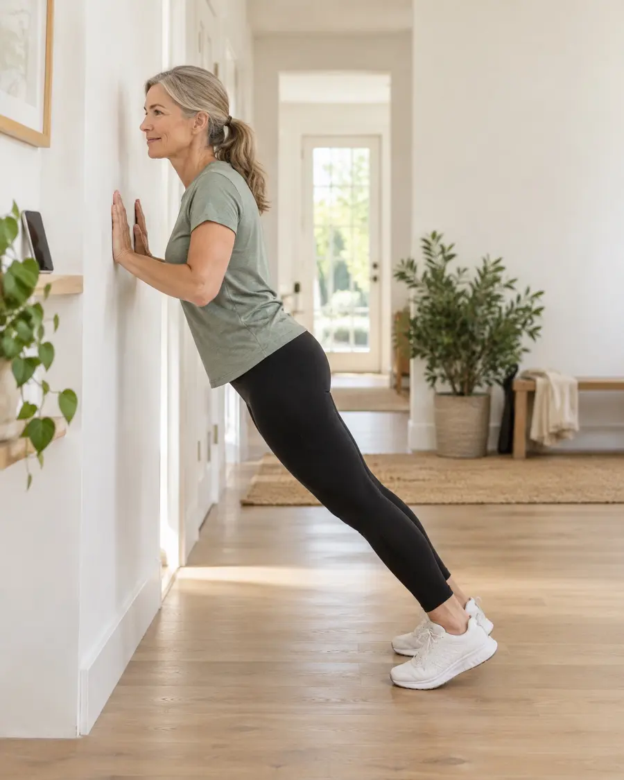 A woman doing a wall push-up in a bright hallway.